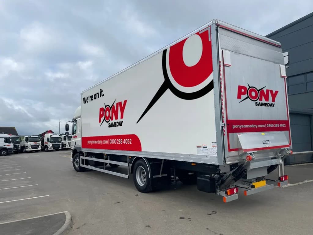 Pony Same Day branded delivery truck showing fleet livery, slogan, website, and 0800 contact on the vehicle
